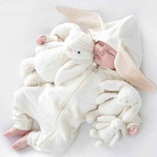 Baby Romper Cartoon Rabbit 3D Ear Hoodie 1Piece Zipper Bodysuit White 59cm