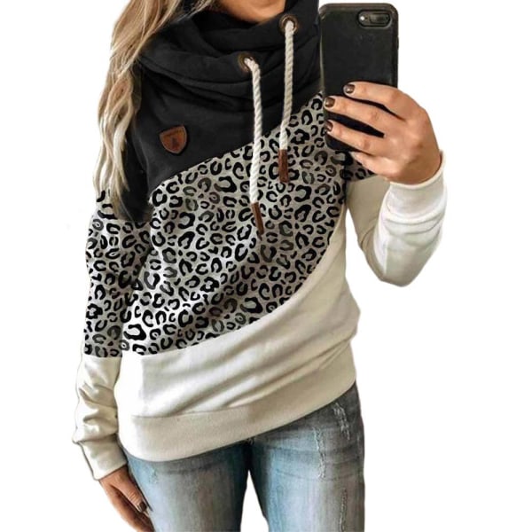Huvtröja för kvinna med turtleneck sweatshirt hoodie sport camo tröja Leopard + black 4XL