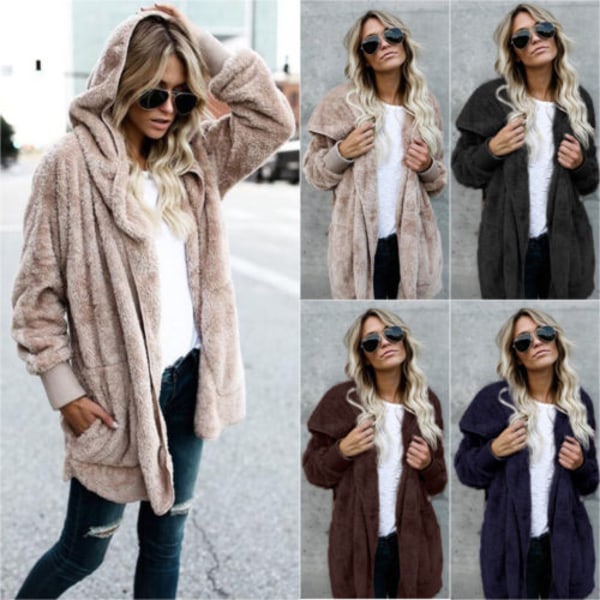 Dam Fuzzy Jacket Coat Hooded Cardigan Ytterkläder med fickor Brown L