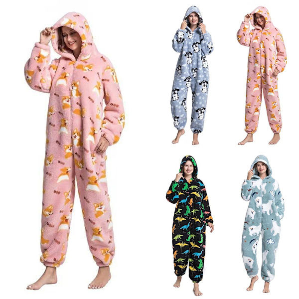 Kvinnors tecknade djur jumpsuit pyjamas nattkläder varm huvtröja B M