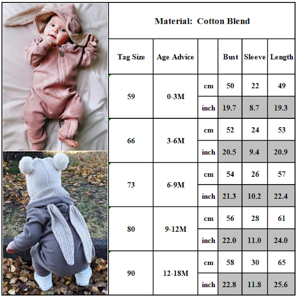 Baby Romper Cartoon Kanin 3D Öra Hoodie 1Piece Dragkedja Body bule 73cm