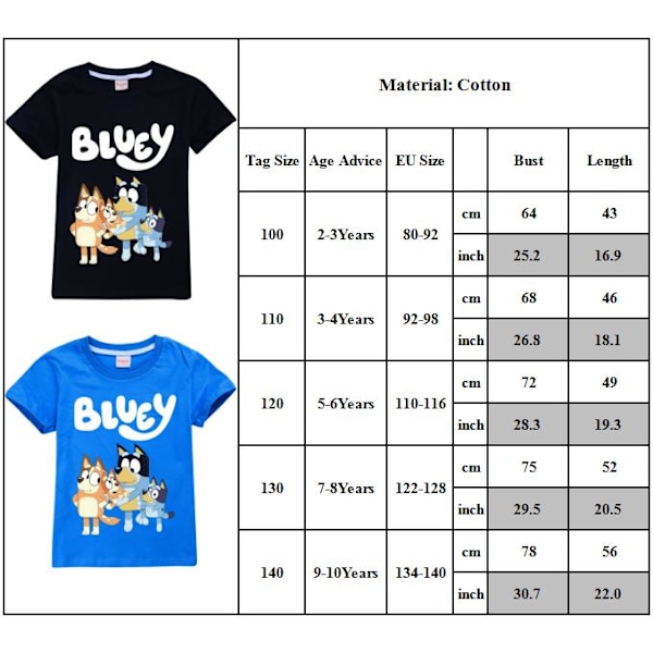 Bluey Pojkar T-shirt Tecknade Toppar Tee Barn Pojkar Flickor T-shirts Barnkläder Sommar Kortärmad Black 130cm