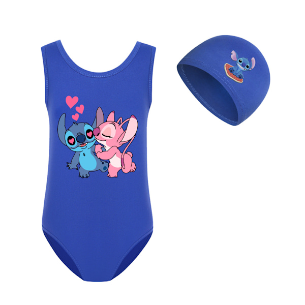 Barn Flickor Lilo & Stitch Tecknad Baddräkt Hel Baddräkt Strandkläder Simdräkt Surfdräkt Med Badmössa Blue 160cm