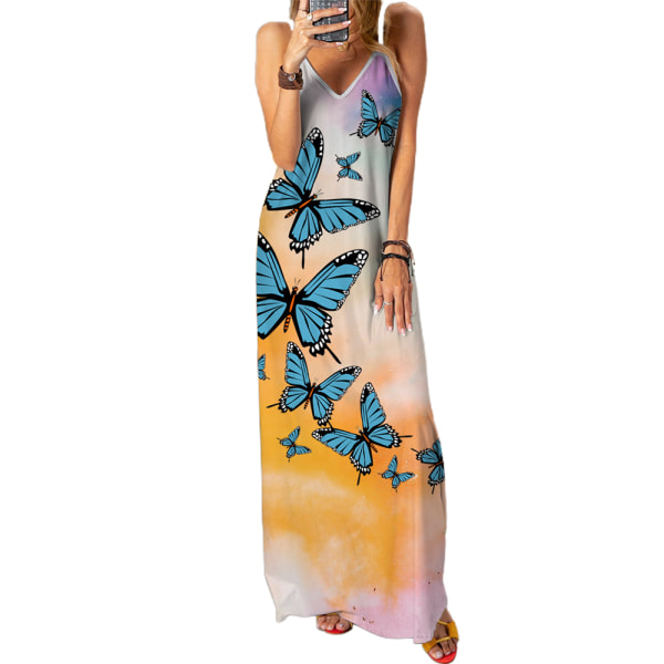 Damklänning 3D Butterflies Print Elegant lång klänning för fest D 2XL