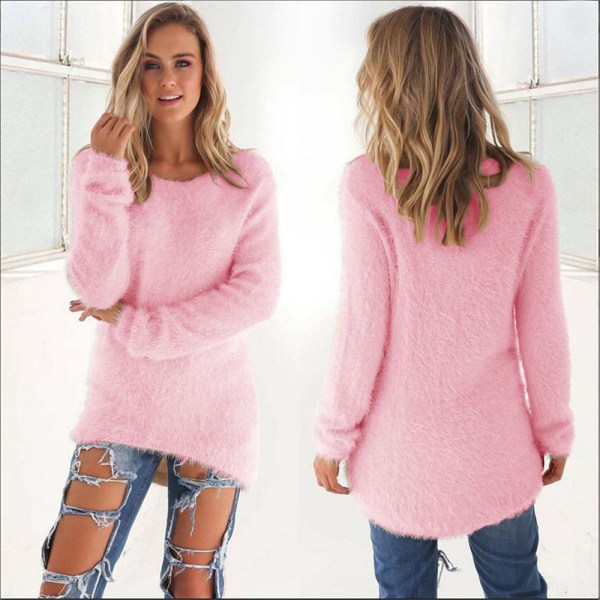 Dam Långärmad plysch tröja Jumper Pullover Sweatshirt Topp pink L