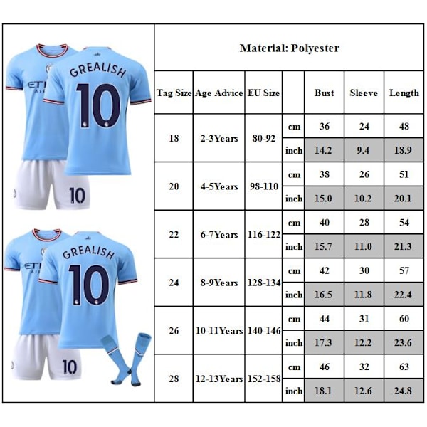 22-23 Manchester City Tröja Barn Fotbollströja Kit Sportkläder #10 GREALISH Fotbollsdräkter Fotbollslag Tröja Med Strumpor 20