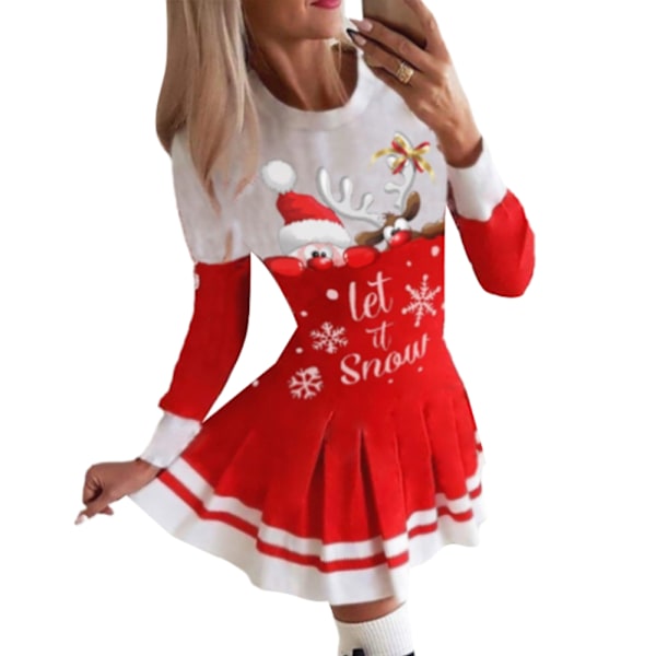 Kvinnors jul långärmad tryckt klänning minikjol red 2XL