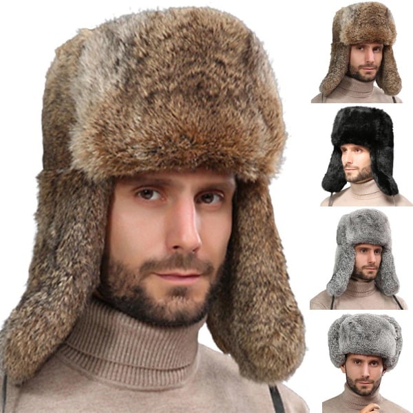 Män Warm Thicken Öronkåpor Skinny Fur Hat Outdoor Cold Ski Hat grey