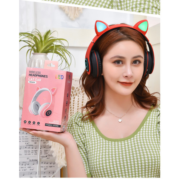 Bluetooth 5.0 hörlurar Cat Ear Over-Ear hopfällbar LED lyser red