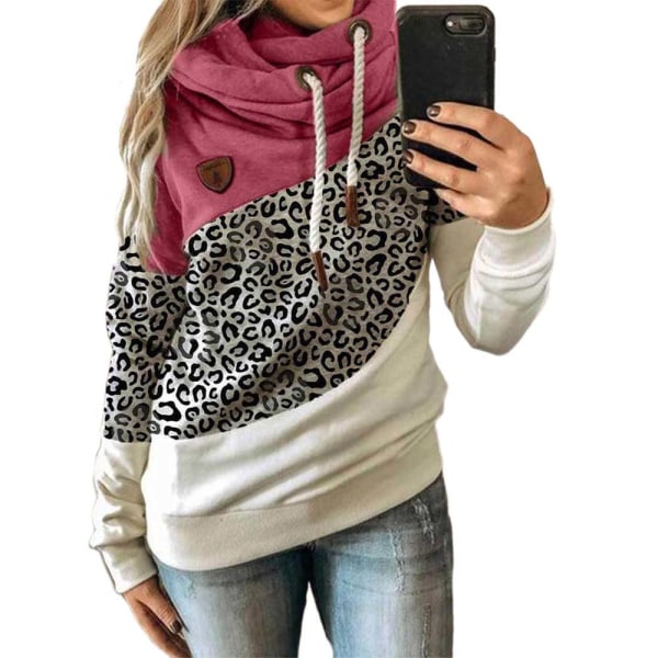 Huvtröja för kvinna med turtleneck sweatshirt hoodie sport camo tröja Leopard + rose red 4XL