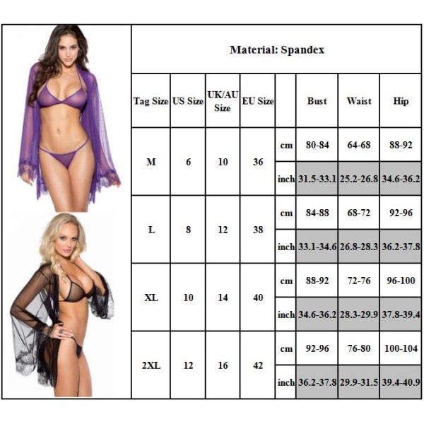 Kvinnors sexiga nätlingerie bh g-string genomskinlig nattlinne set slee black M