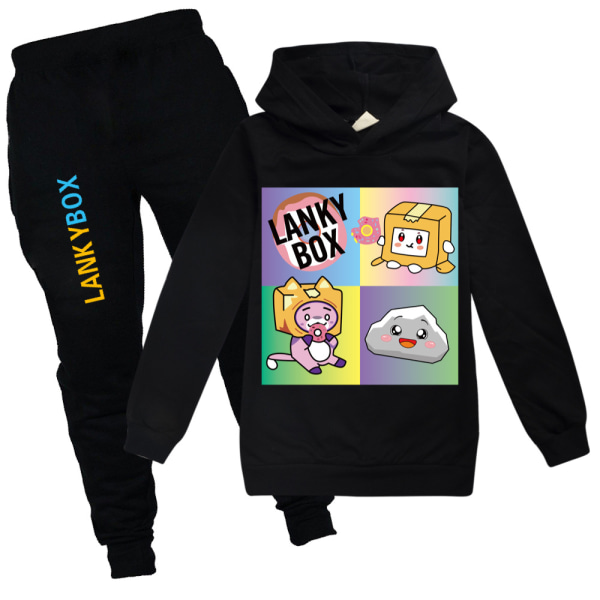 Barn LANKYBOX Tryck Hoodies Byxor Kostymer Casual Träningsoverall Set black 150cm