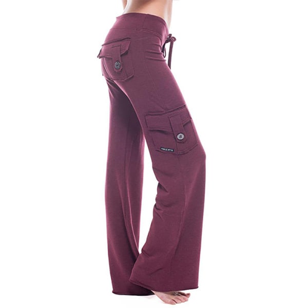 Hög midja vida ben byxor dam casual yoga byxor wine red 3XL