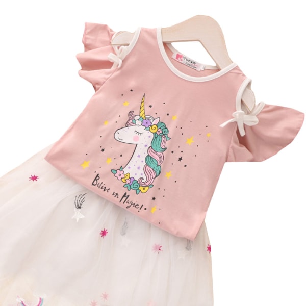 Barnflickor Sommar Kortärmad Enhörning Tutu Tulle Kjoldress Set pink 130cm