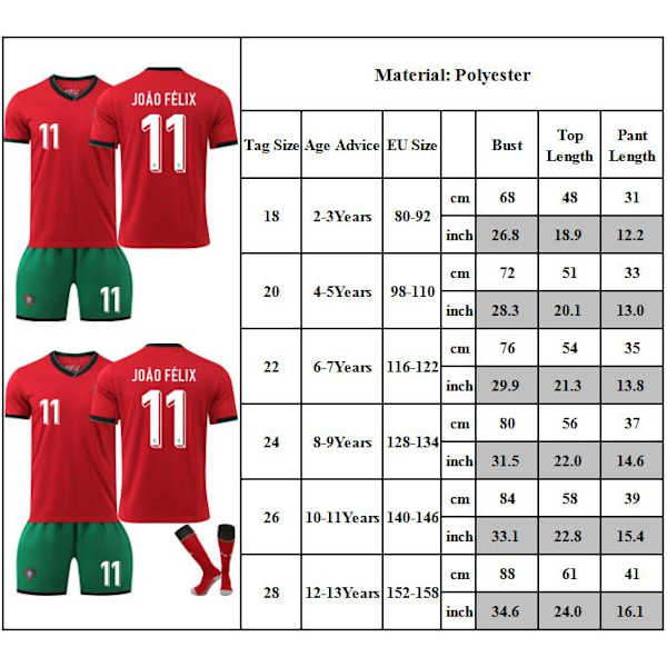 24-25 Portugal EM-tröja Barn Fotbollströja Kit #11 JOAO FELX Fotbollsdräkter Pojkar Träningsset 18