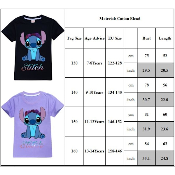 Stitch barn T-shirts för pojkar och flickor, kortärmad t-shirt med rund hals black 130cm