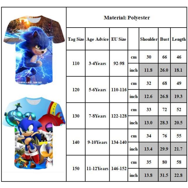 Sonic The Hedgehog Kids Boy Kortärmad T-shirt sommar 3d Print A 110cm