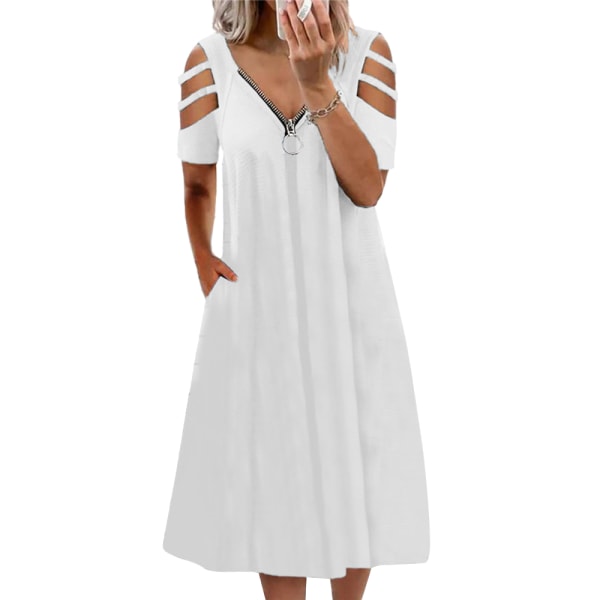 Sommarlovsklänning för kvinnor casual klänning med djup V-dragkedja White L