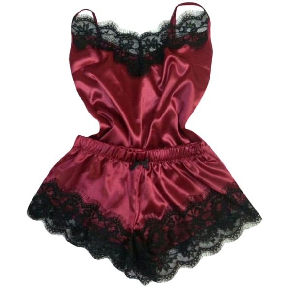 Kvinnors sexiga slingerie set rem remsa spets trim casual hem wine red S