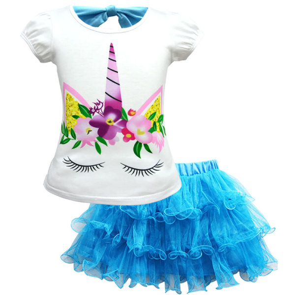 Barn Flickor Unicorn kortärmad T-shirt Tutu kjol Party Set blue 140cm