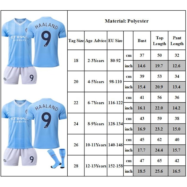 2023-2024 Manchester City FC Hemma Jersey # 9 Haaland Barn Fotbollströja Sportkläder Fotbollsset för Ungdom Fotboll Barn med Strumpor 28