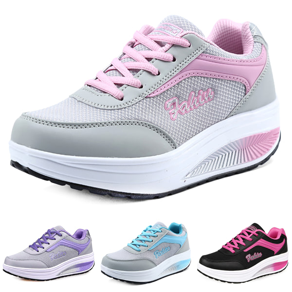 Kvinnor Chunky Lace Up Sneaker Trainers Sport Löpning Bekväma skor grey-pink 37