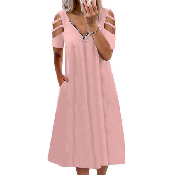 Sommarlovsklänning för kvinnor casual klänning med djup V-dragkedja Pink 2XL