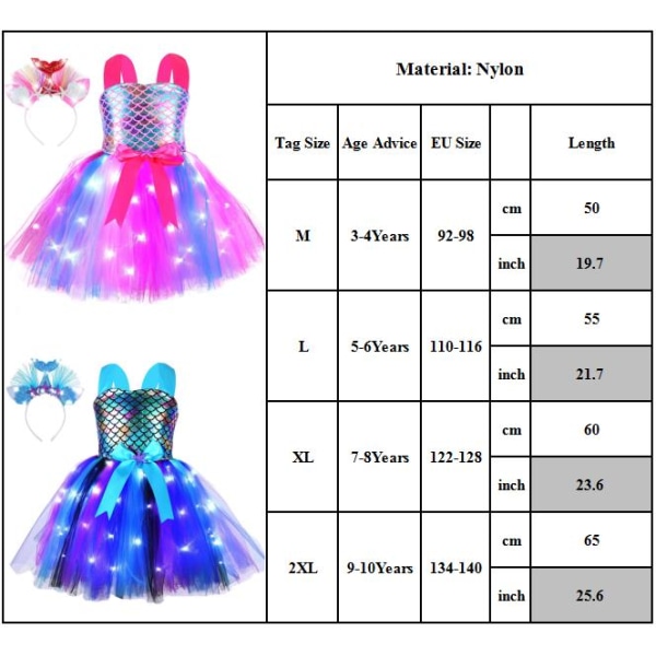 Barn LED Unicorn Dress Rainbow Tutu Party Kostym Pannband Party 4 9-10Years