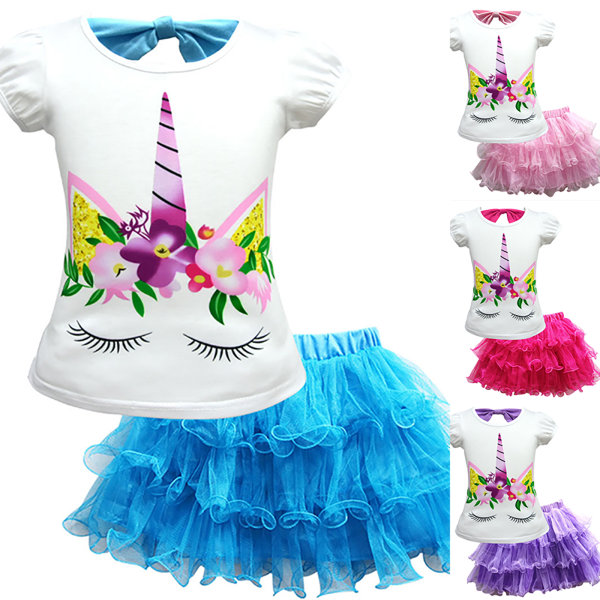 Barn Flickor Unicorn kortärmad T-shirt Tutu kjol Party Set blue 140cm
