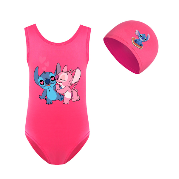 Barn Flickor Lilo & Stitch Tecknad Baddräkt Hel Baddräkt Strandkläder Simdräkt Surfdräkt Med Badmössa Rose Red 140cm