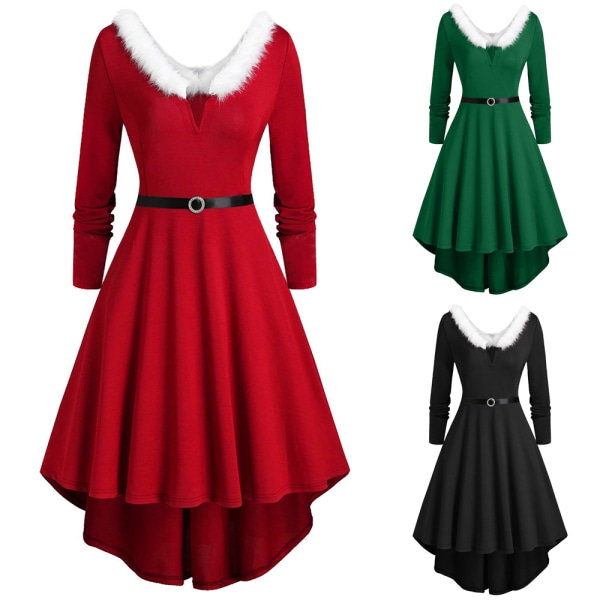 Sexig julklänning med gunga för kvinnor, fluffig V-ringad klänning för julfest black 2XL