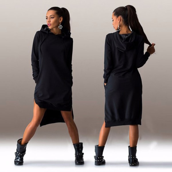 Kvinnor Långärmad Hooded Pocket Casual Pullover Sweatshirt Klänning black M