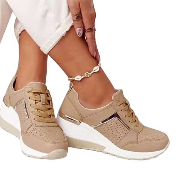 Sneakers för kvinnor Snörning Comfy Classic Tjock sluttande klack skor khaki 37