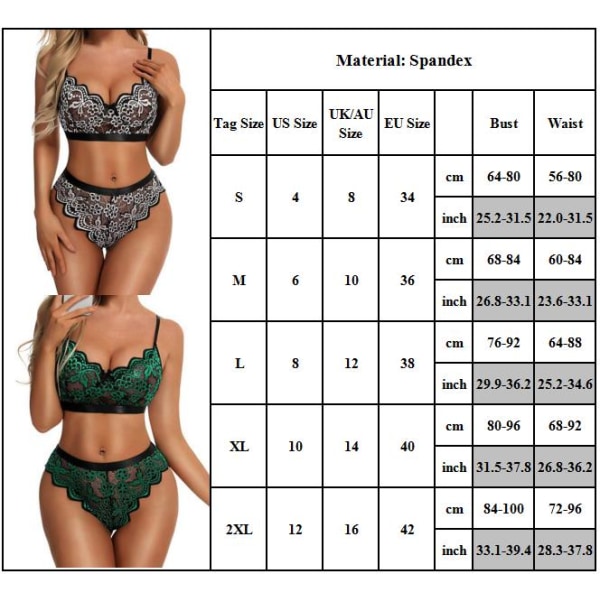 Kvinnors behå och trosor set, spets underkläder set två delar underkläder green 2XL