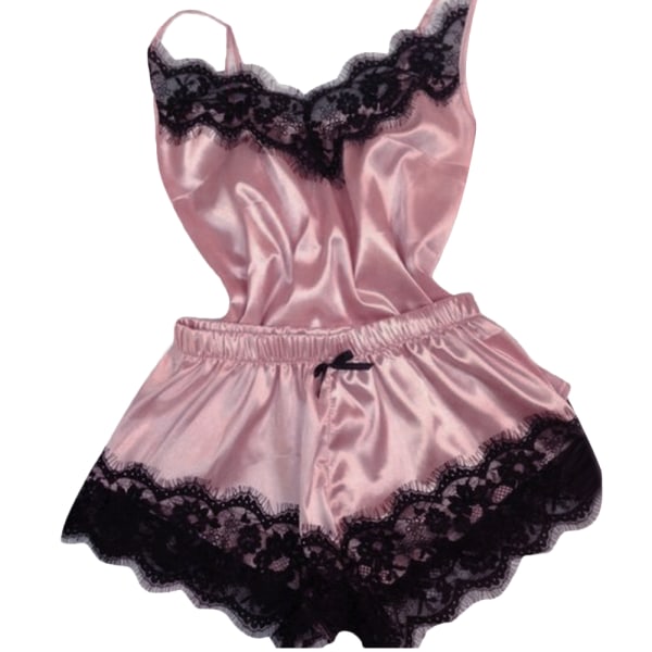 Kvinnors sexiga slingerie set rem remsa spets trim casual hem pink L