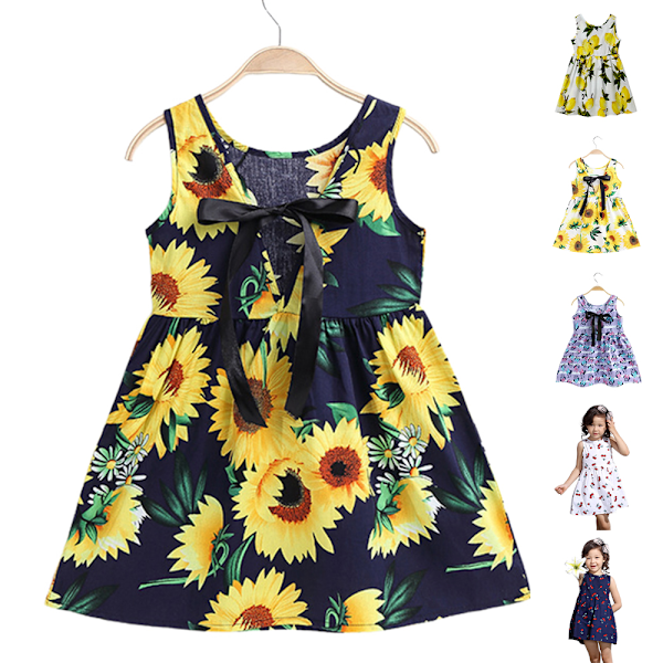 Sommarklänning för flickor, rund hals, körsbärstryck, ärmlös väst, prinsessklänning A-linje F 110cm