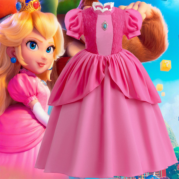 Princess Peach Costume Girls Puff Sleeve Dress Halloween Cosplay 130cm