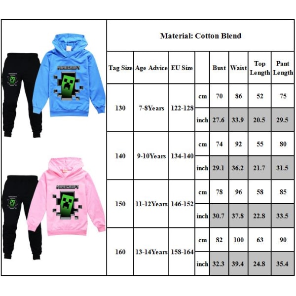 Barn Minecraft Hood Sweatshirt&Jogger Byxor Bekväm huvtröja vinter Pink 130cm