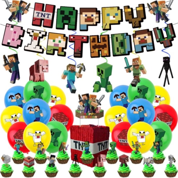 Minecraft-tema födelsedagsballonger Banner Party tårtdekorationer