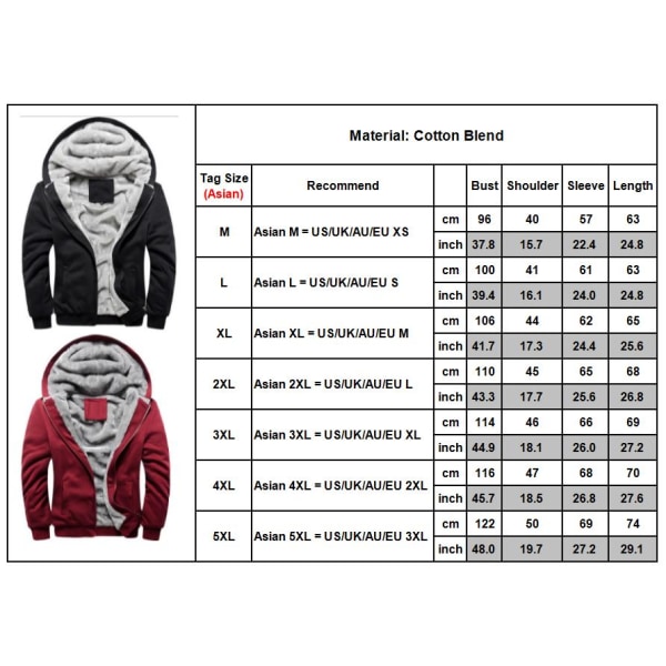 Man Varm Fleece Hoodie Full Zip Sherpa Fodrad Sweatshirt Jacka Red L