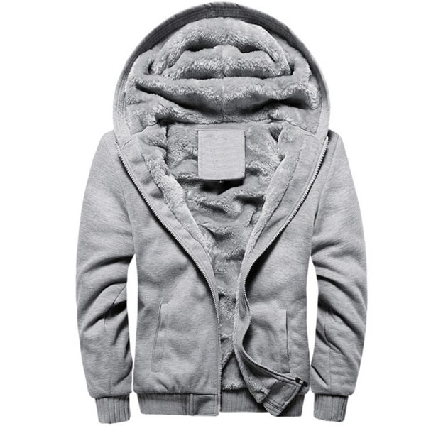Man Varm Fleece Hoodie Full Zip Sherpa Fodrad Sweatshirt Jacka Grey 2XL