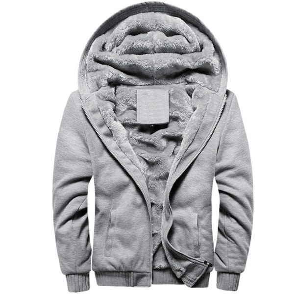 Man Warm Fleece Hoodie Full Zip Sherpa Fodrad Sweatshirt Jacka Black L