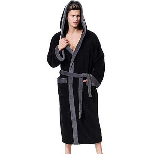 Morgonrock med huva för män, byte av handduk, badrock i fleece Black XL