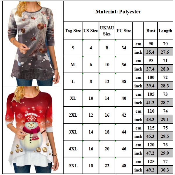 Kvinnors jultryck T-shirt Lös Oversize Långärmad Topp red S