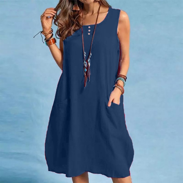 Retro ärmlös bomullsblandning, solid rak klänning för kvinnor blue M