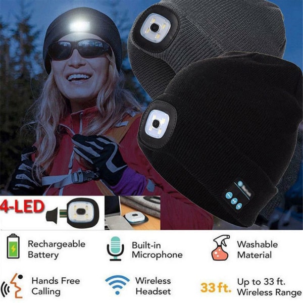 Uppladdningsbar trådlös Bluetooth LED-hatt och högtalare mössa Black
