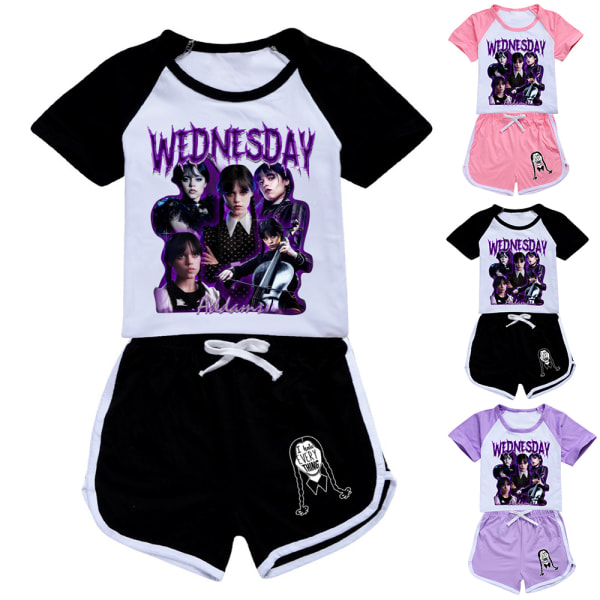 Barn Pojkar Flickor Kostym Addams Cosplay Sommar T-shirt Shorts Set purple 150cm