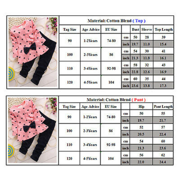 Barn Långärmad Rosett T-shirt Klänning Randig + Byxor Set Pink 100