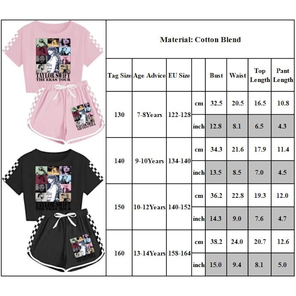 Barnflicka Taylor Swiftie Print Spårbyxor Casual T-shirt Topp + Shorts Outfit Set Black 130cm