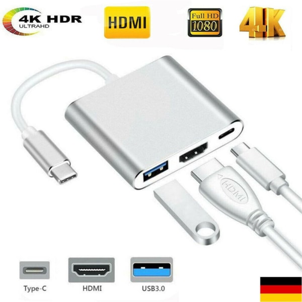 3 i 1 Type C till USB-C HDMI-adapterkabel Dockningsstation Silver